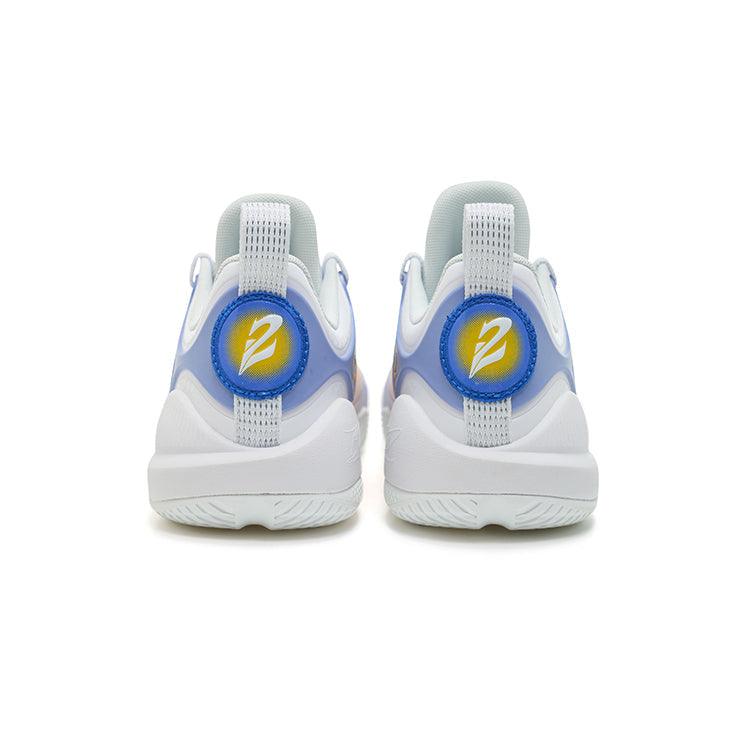A pair of white BPBazaar Rigorer BP1 '1962' basketball shoes viewed from the back, with blue accents, light gray tabs, and a yellow circular logo with a stylized “B” on each heel, set against a plain white background.
