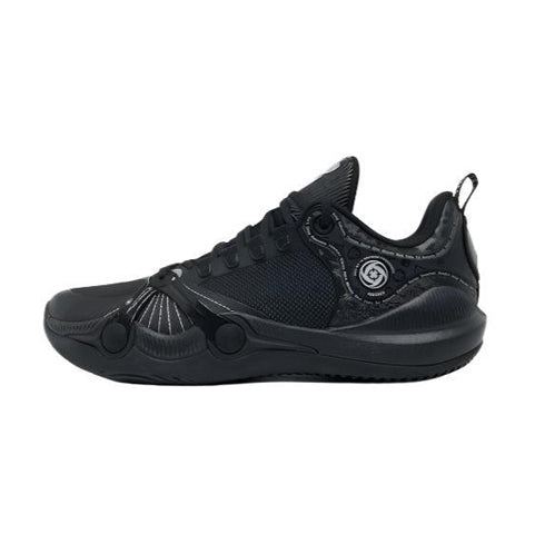 The BPBazaar Rigorer BP1 "Family Matters" is a sleek black athletic sneaker with mesh panels, synthetic overlays, textured detailing, a circular logo near the heel, and black laces—built for style and performance on and off the court.