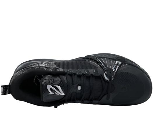 Top view of the BPBazaar Rigorer BP1 “Family Matters” basketball shoe, featuring a white logo on the tongue, black laces, subtle white accents, padded collar, textured sole, and a heel pull tab for easy wear.