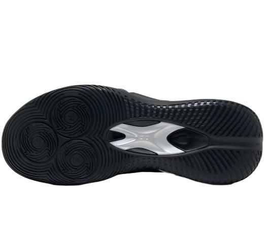 The image displays the black rubber outsole of the BPBazaar Rigorer BP1 “Family Matters” basketball shoe, featuring circular and wavy tread patterns for grip, plus a metallic silver center section for structural support and contrast.