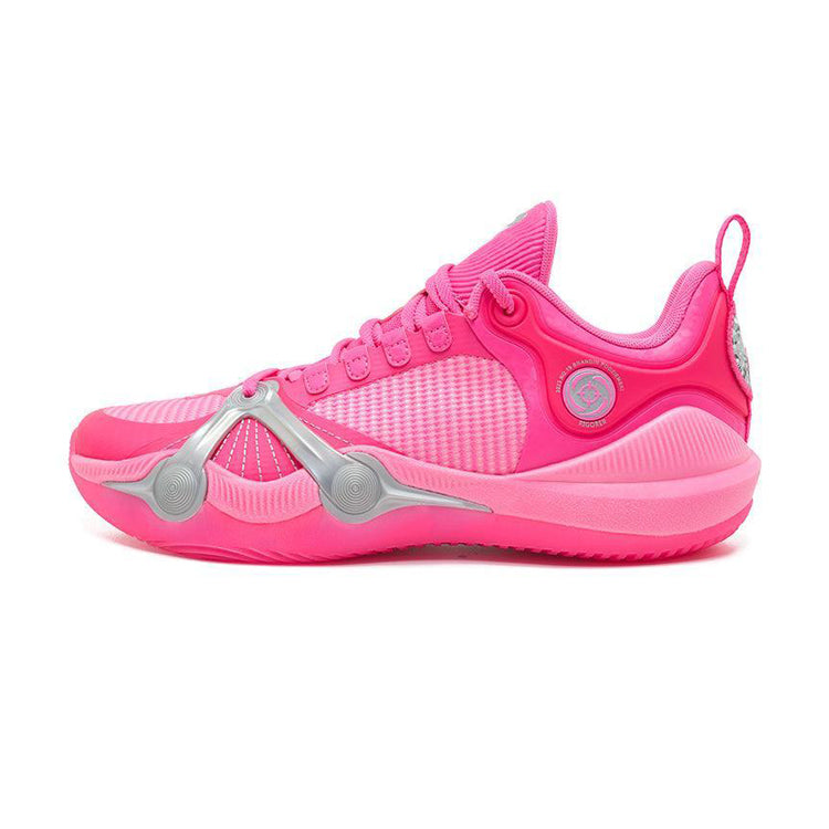 The BPBazaar Rigorer BP1 'Kaleidoscope' is a bright pink athletic sneaker with a mesh and synthetic upper, textured midsole, rubber outsole, silver-gray mechanical joint-like accents, and BP1 circular logos on the heel and tongue.