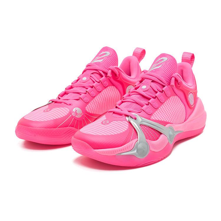 The Rigorer BP1 'Kaleidoscope' by BPBazaar features bright pink mesh athletic sneakers with thick soles, pink laces, metallic silver accents, a futuristic design with circular details, and small logos on the tongue and heel.