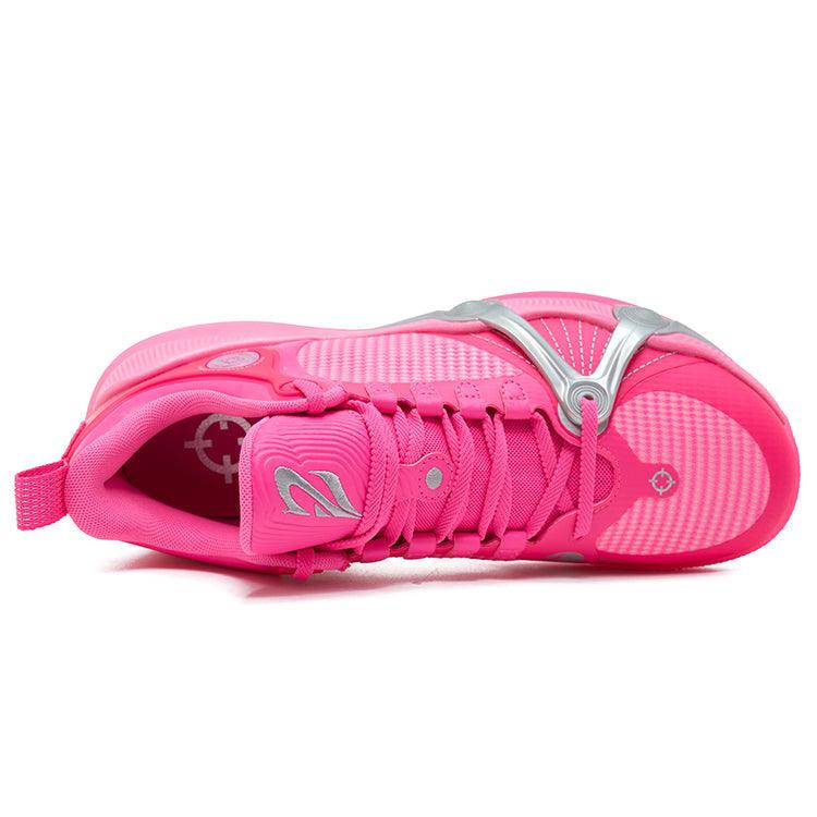 The Rigorer BP1 'Kaleidoscope' by BPBazaar showcases a vibrant pink mesh upper, silver metallic side accents, pink laces, a heel pull tab, and matching pink insole and sole with a subtle pattern on the footbed.