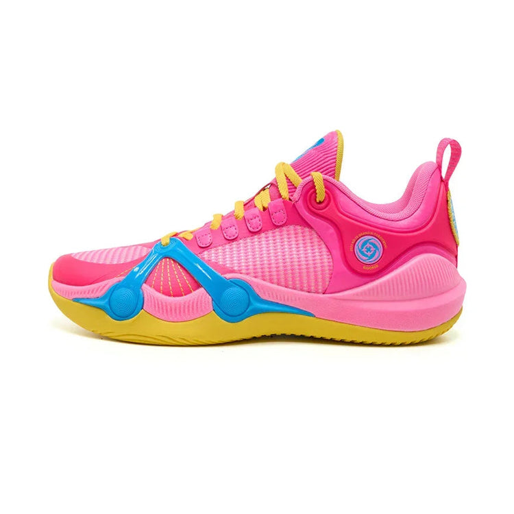 The BPBazaar Rigorer BP1 “PE” is a vibrant athletic sneaker with a pink mesh upper, glossy accents, yellow laces and sole, bold blue BP1 overlays on the midsole, a circular PE logo on the side, and a heel pull tab.