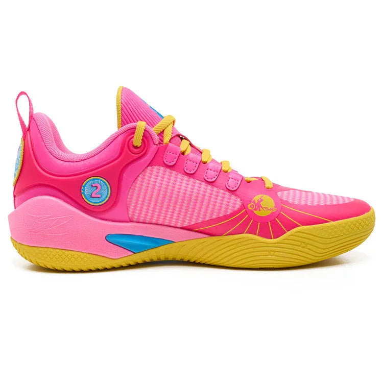 The BPBazaar Rigorer BP1 “PE” basketball shoe features a vibrant pink upper, yellow sole, and yellow laces. Blue and yellow accents detail the midsole and lace loops, with a blue number 2 and an OKC spiderweb graphic for a bold finish.