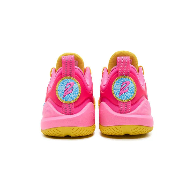 Back view of BPBazaar Rigorer BP1 "PE" sneakers with bright pink uppers, yellow soles, and lining. Each heel has a blue and pink PE patch with the number 2, blue spots, and a pink pull tab above the patch.
