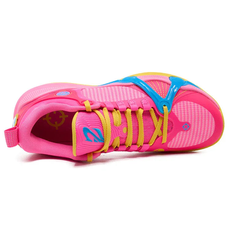 The Rigorer BP1 “PE” from BPBazaar features a bright pink design with yellow laces, blue overlay, mesh details, a blue N logo on the tongue, and a yellow symbol on the insole for a bold, sporty look.
