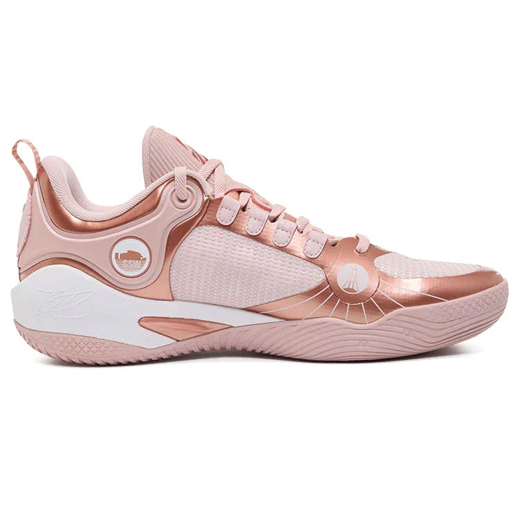 The BPBazaar Rigorer BP1 “Pink Gold” is a low-top athletic sneaker featuring a mesh upper, metallic pink accents, unique patterns, lacing, heel loop, side and heel logos, and a textured sole for excellent grip.