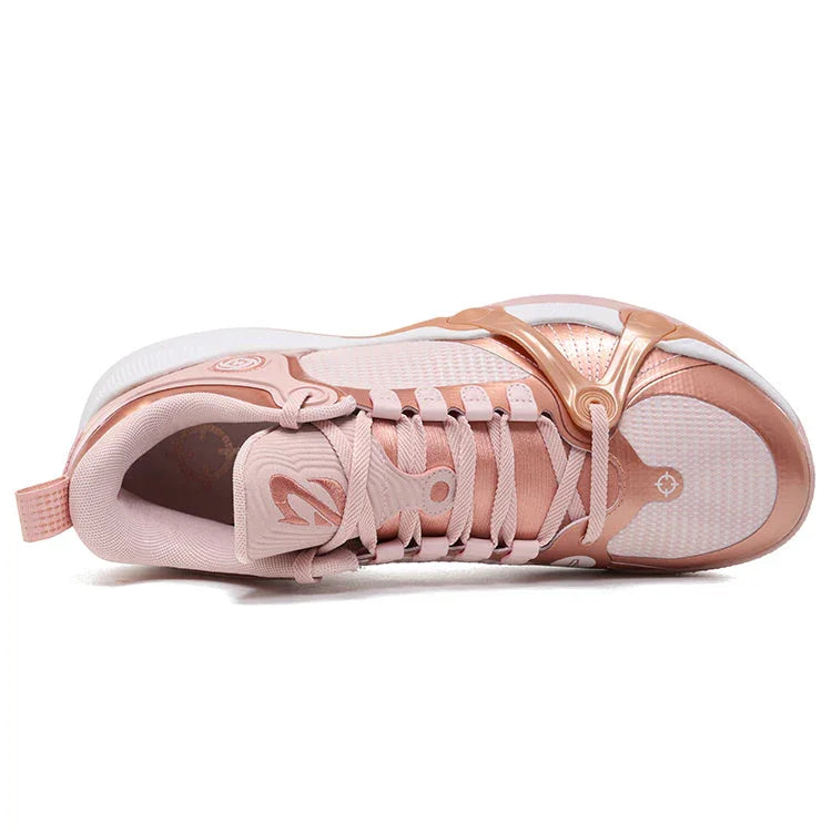 The BPBazaar Rigorer BP1 “Pink Gold” features a light pink upper with white mesh panels, metallic Pink Gold accents on the sides and laces, a pink tongue and laces, plus a white outsole for a sporty, modern look.