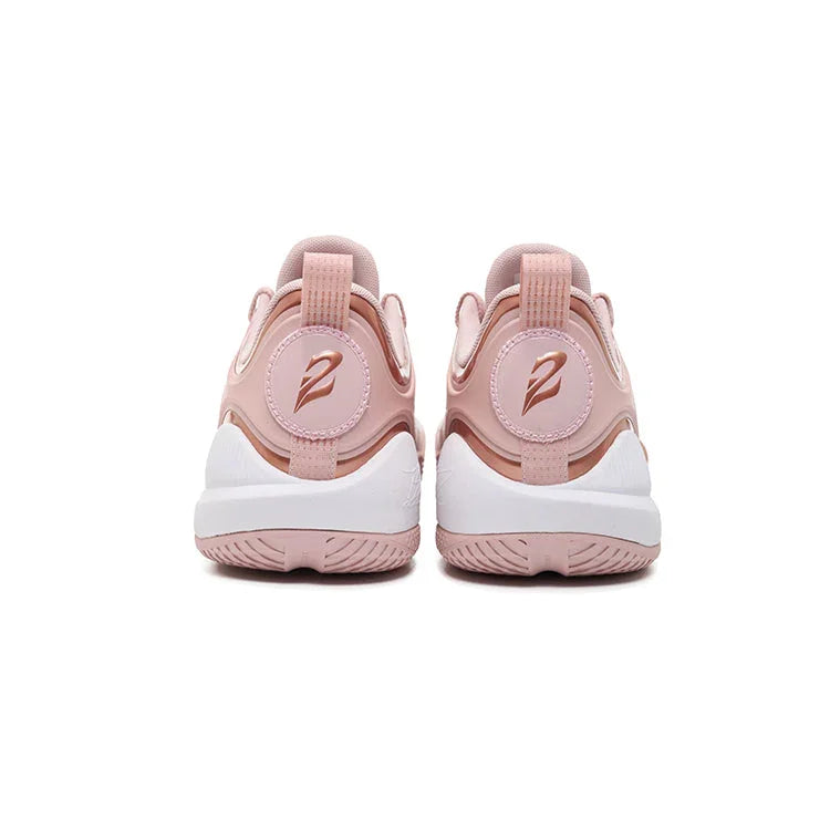 A pair of BPBazaar Rigorer BP1 “Pink Gold” basketball shoes seen from the back, with white soles, pink tread, pink pull tabs, and a stylized number 2 on each heel. Their sleek look pops against the white background.