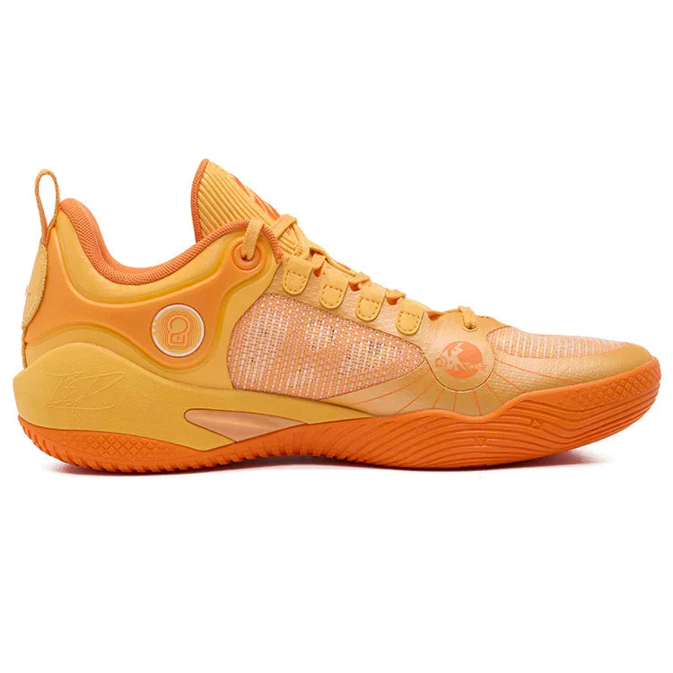 A side view of the Rigorer BP1 “Potential” by BPBazaar—an orange and yellow athletic sneaker with mesh and synthetic materials, orange laces, textured sole, heel pull tab, and circular logo—shown on a plain white background.
