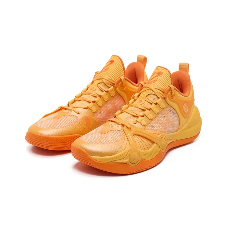 The Rigorer BP1 “Potential” by BPBazaar features bright orange mesh uppers, patterned overlays, textured rubber soles, orange laces, low-top design, and contrasting shades on the tongue and lining.
