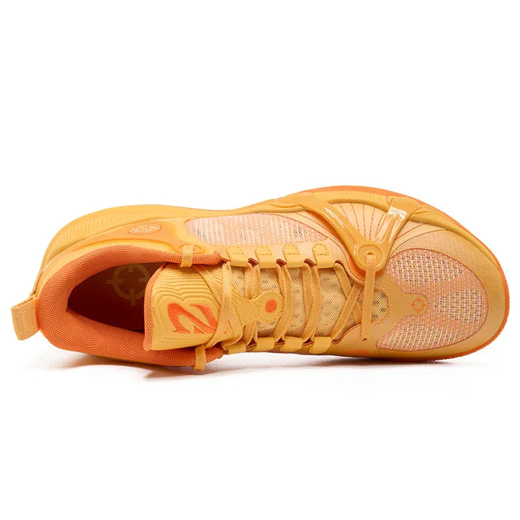 A top view of the Rigorer BP1 “Potential” by BPBazaar shows an orange athletic sneaker with a mesh upper, textured sole, synthetic overlays, heel pull tab, unique lacing system, and dynamic orange tones for standout style.