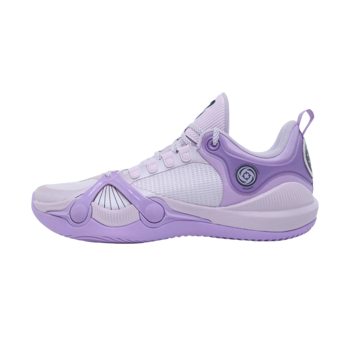 The BPBazaar Rigorer BP1 “Valkyrie” is a light purple and white athletic sneaker with a mesh upper, sculpted sole, plastic overlays, circular accents, heel pull tab, and ankle logo for a modern performance look.