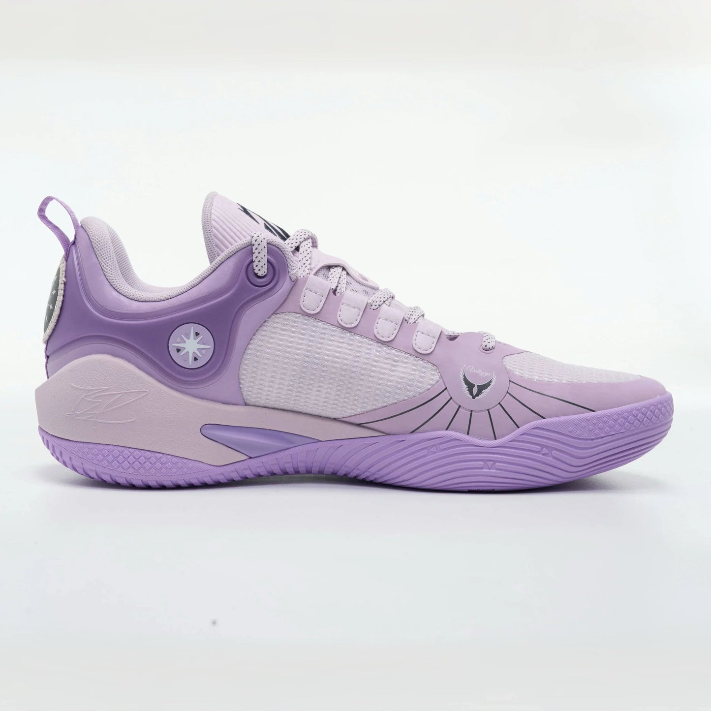 The BPBazaar Rigorer BP1 “Valkyrie” is a lavender and light purple athletic sneaker with mesh and synthetic panels, a wavy sole, black lines by the toe, a circular heel emblem, white laces, and a pull-tab on a plain background.