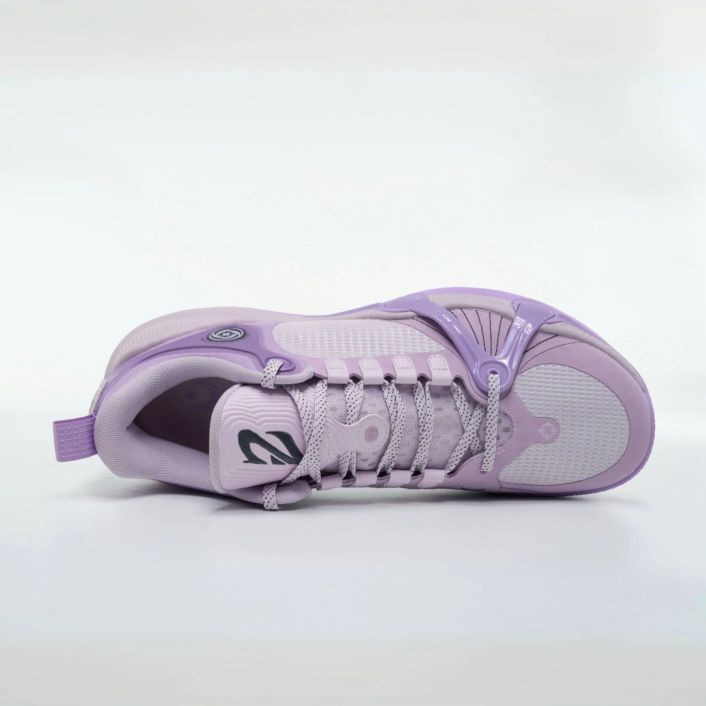 The Rigorer BP1 “Valkyrie” by BPBazaar is shown from above, highlighting its lavender mesh upper, patterned laces, rubber toe guard, and stylized tongue logo. This modern athletic sneaker features the BP1 design on a plain white background.