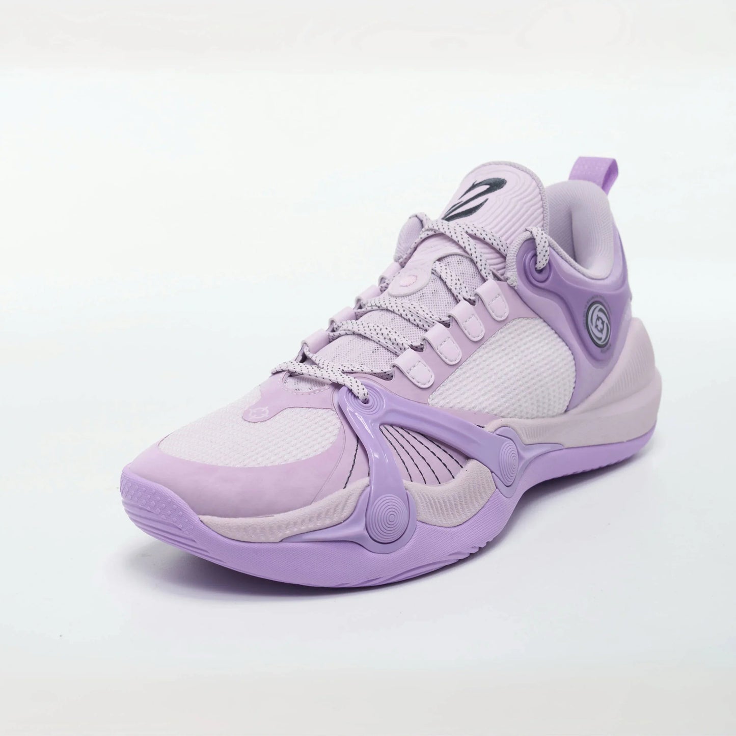 The BPBazaar Rigorer BP1 “Valkyrie” is a stylish lavender athletic shoe with a mesh upper, rubber sole, textured overlays, curved decor, heel loop, detailed laces, and a unique tongue logo—showcasing various purple shades for a modern look.