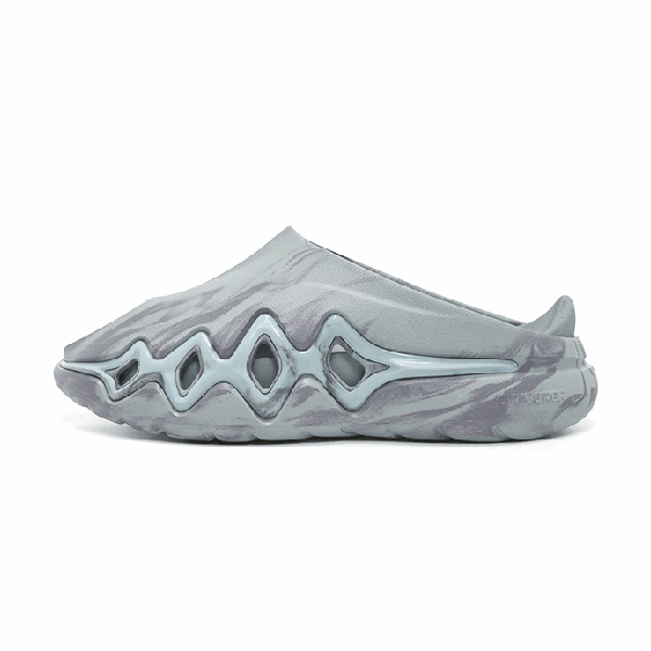 The BPBazaar Rigorer Shark 3 Slides 'Grey' are slip-on sandals featuring a marbled gray design, sculpted sole with cutout wave shapes, and a raised heel for a sleek, futuristic appearance.