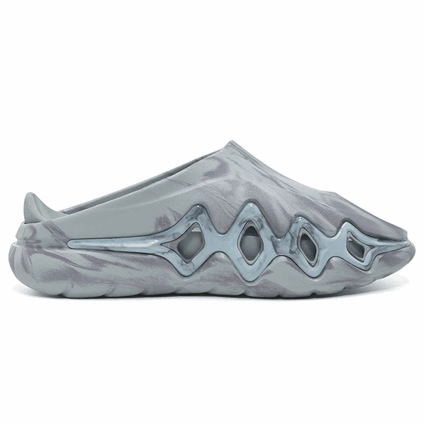 The BPBazaar Rigorer Shark 3 Slides 'Grey' feature a futuristic marbled gray design, wavy sculpted sole with geometric cutouts, closed toe, low back, and unique textures for a modern look inspired by Rigorer Slides.