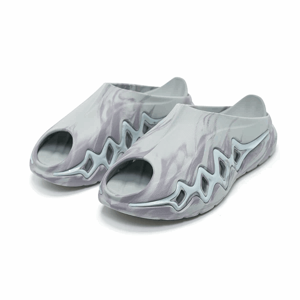 The BPBazaar Rigorer Shark 3 Slides 'Grey' feature a futuristic marbled design, large open toes, wavy midsole cut-outs, and a sculpted modern look for a flexible, rubbery feel.