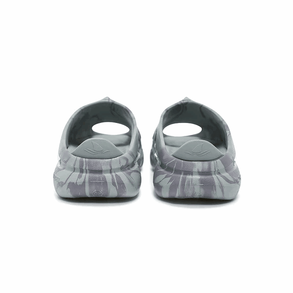 Back view of BPBazaar Rigorer Shark 3 Slides 'Grey' in marbled gray and white foam with open heels, ventilation holes, and embossed logos near the heel. Displayed on a plain white background.