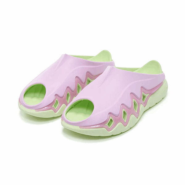 The BPBazaar Rigorer Shark 3 Slides 'Pink/Green' feature pastel pink uppers, open toes, and pastel green interiors. Unique wavy midsole cutouts reveal a vibrant green layer for a standout look.