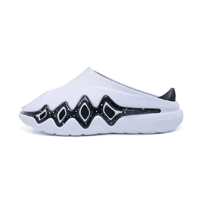 The BPBazaar Rigorer Shark 3 Slides 'White/Black' feature a white slip-on design with a thick cushioned sole and black wavy accents, plus a low-cut black heel for a sporty, contemporary look.