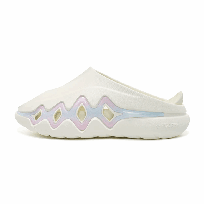 The BPBazaar Rigorer Shark 3 Slides 'White/Pink/Blue' feature a slip-on design with a wavy sculpted sole and pastel blue and pink diamond-shaped cutouts on the sides, creating a futuristic, minimalist style without laces or visible branding.
