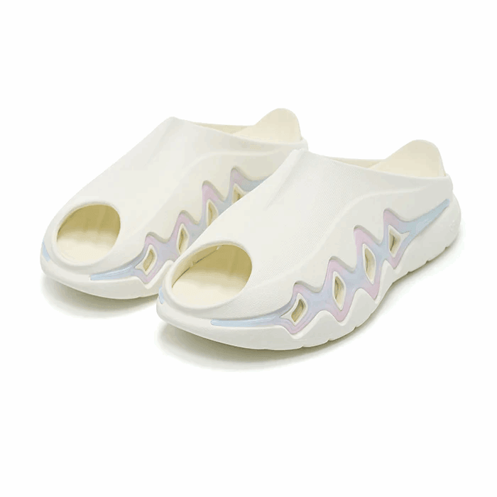 BPBazaar's Rigorer Shark 3 Slides 'White/Pink/Blue' feature a large toe opening, wavy cutout sides, and a thick sole with subtle pastel gradients—offering comfortable sandals in a casual, modern style.