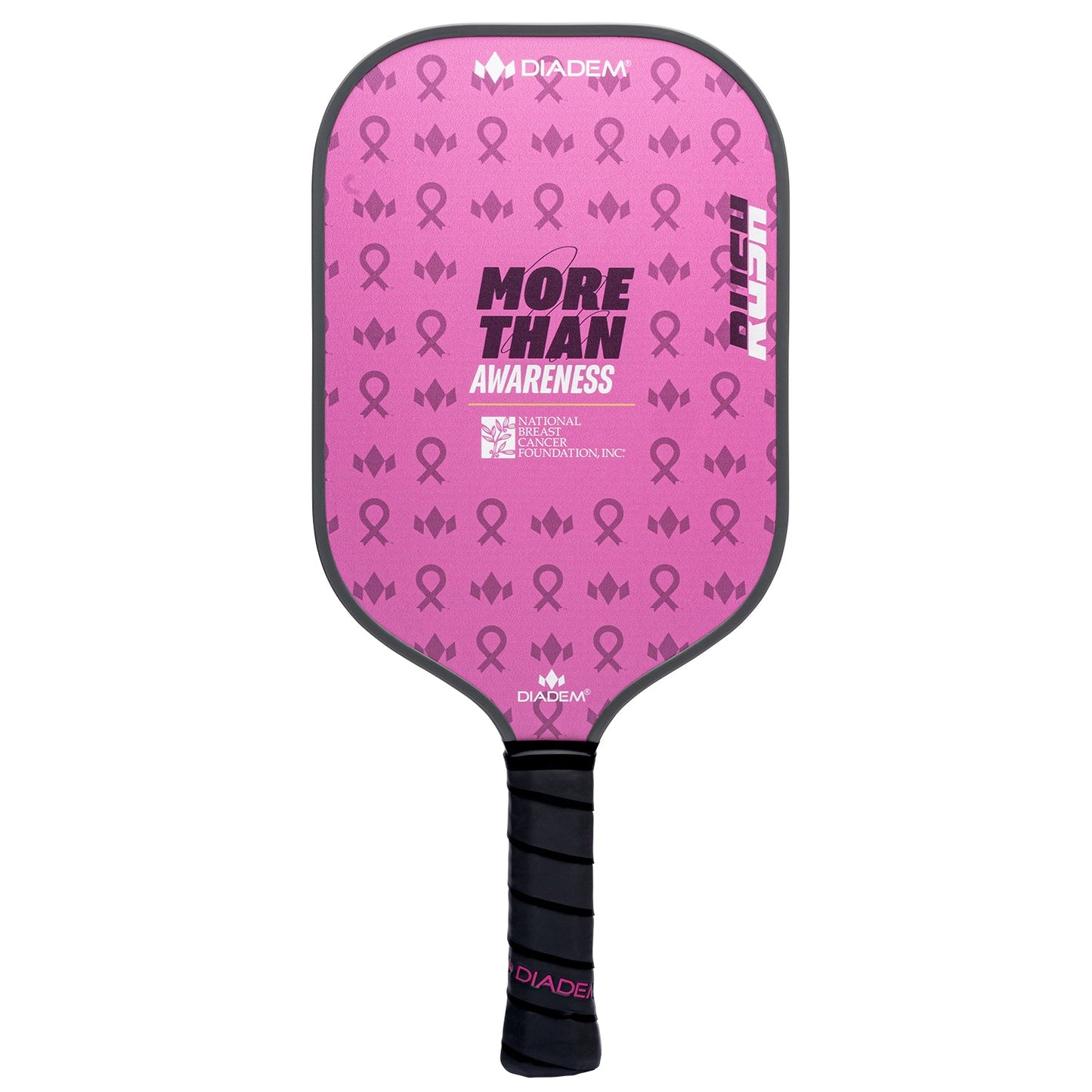The Diadem Sports Rush Pickleball Paddle features “MORE THAN AWARENESS” and pink breast cancer ribbons, with a black wrapped grip and Diadem logos. USAPA approved—supports breast cancer awareness.