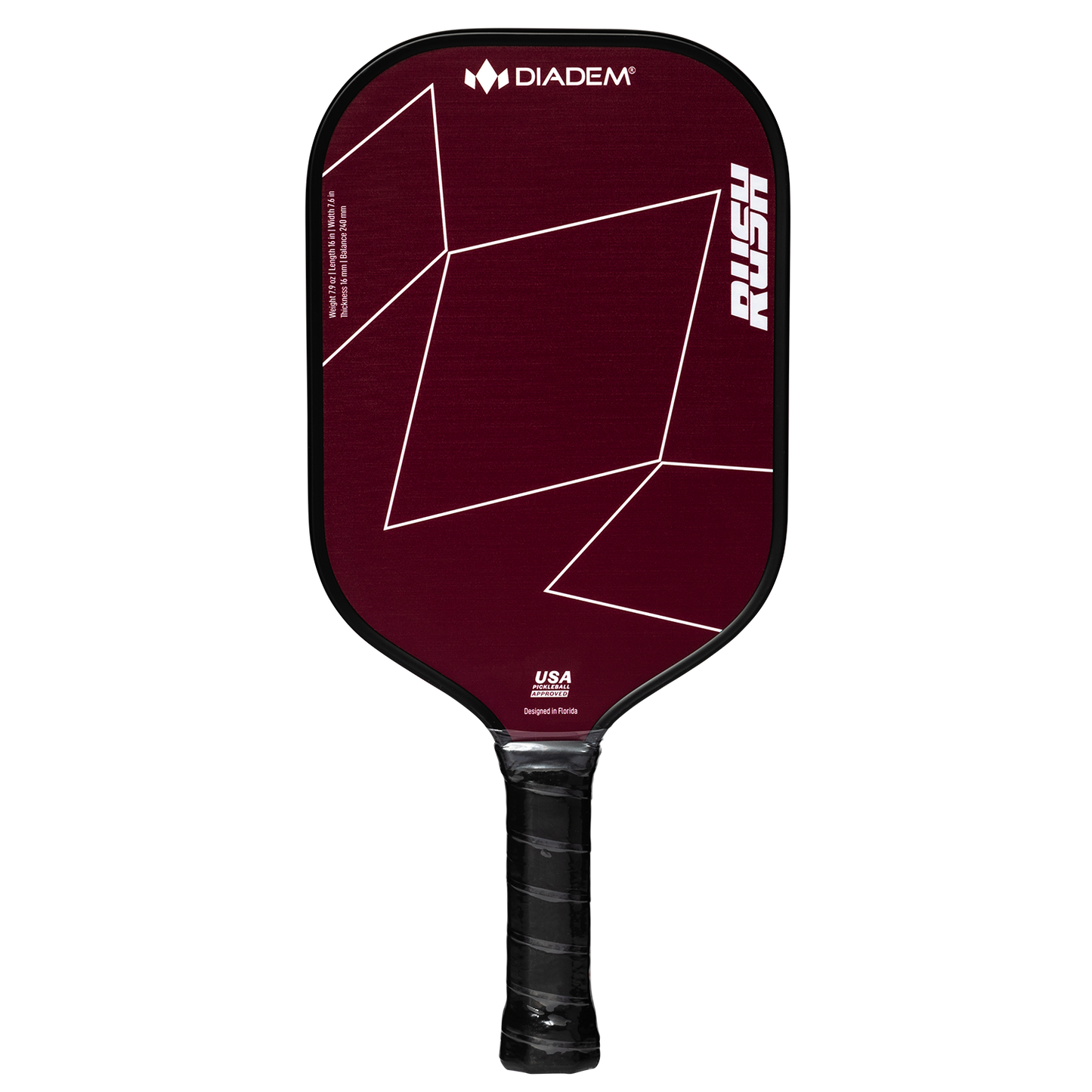 The Diadem Sports Rush Pickleball Paddle features a maroon design with geometric lines, black edge and grip, Diadem logo and Rush branding near the top, USA text at the base, and is USAPA approved.