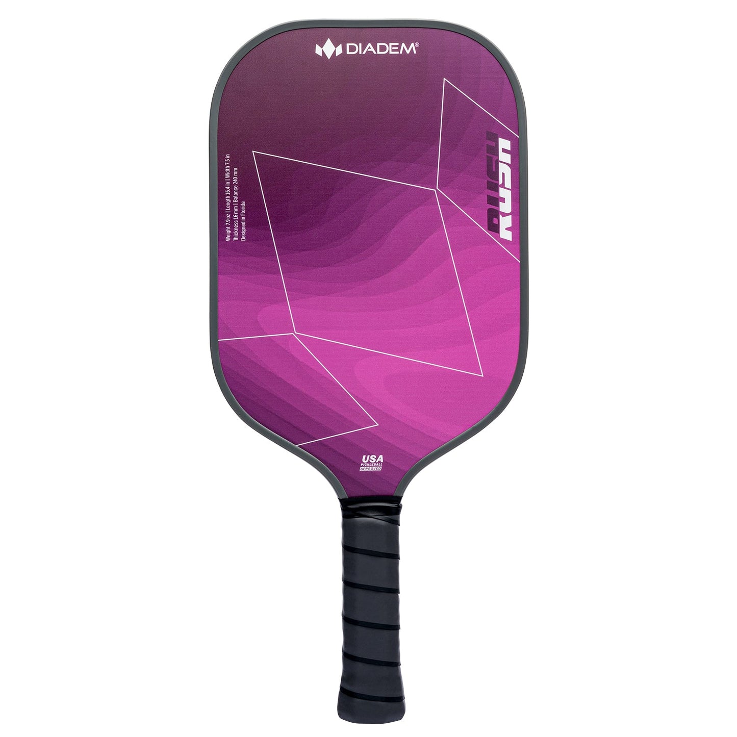 A purple and black Diadem Sports Rush pickleball paddle features a geometric design, DIADLEM logo at the top, RUSH on the right side, and "USAPA approved" above the black grip handle.