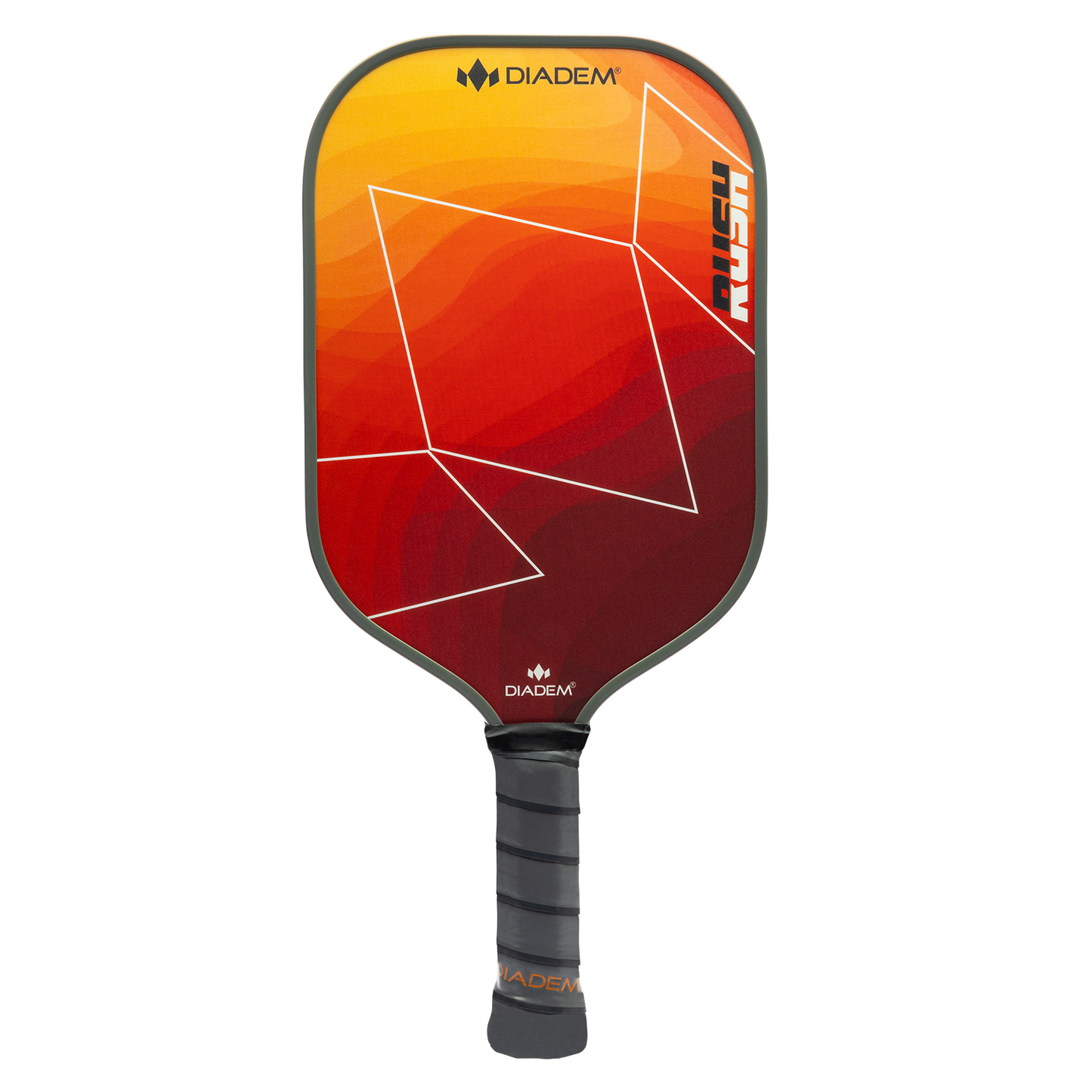 The Rush paddle by Diadem Sports features a red, orange, and yellow gradient with bold angular lines. “DIADEM” appears at the top and bottom, “RUSH” runs vertically on the right edge, and it has a black textured grip handle. USAPA approved.