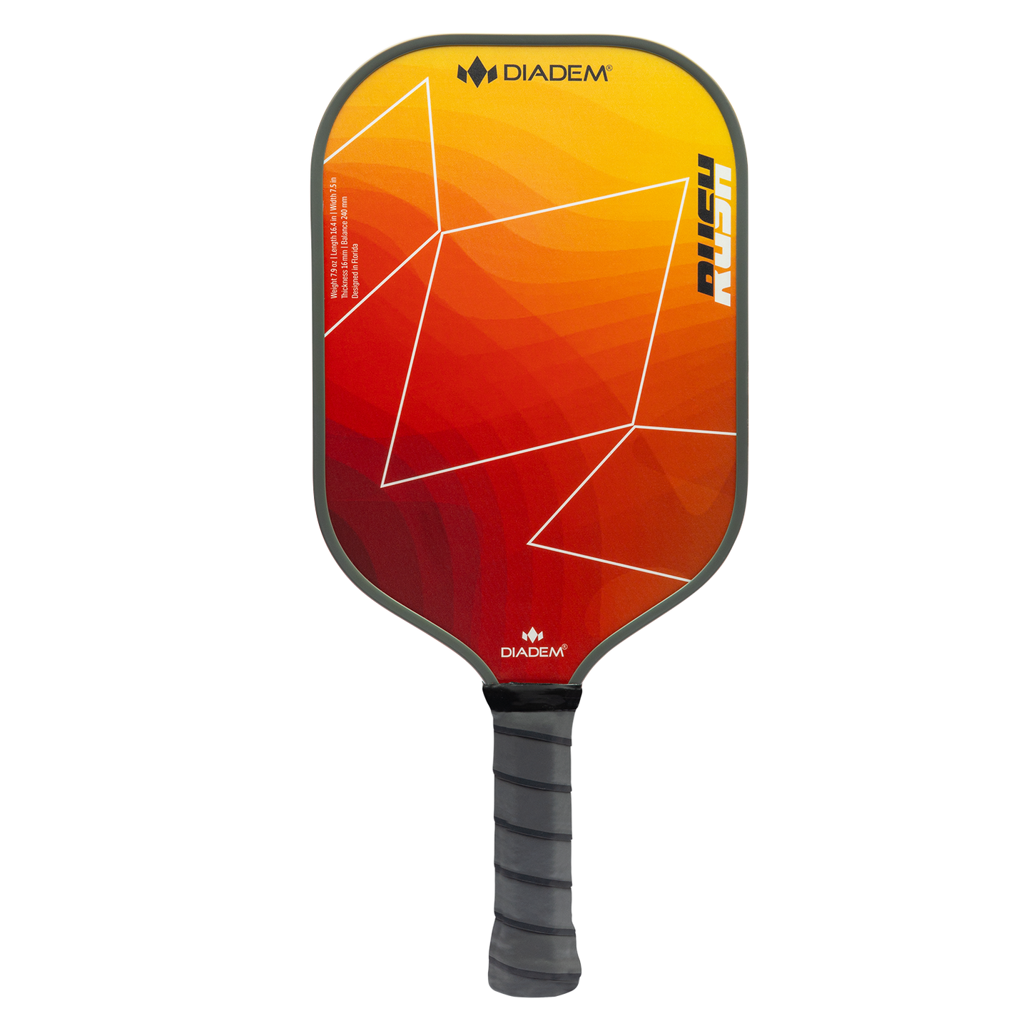 The Diadem Sports Rush is a USAPA approved pickleball paddle with a bold geometric red, orange, and yellow design, white angular lines, "RUSH" text in yellow, and a black textured handle for superior grip and performance.