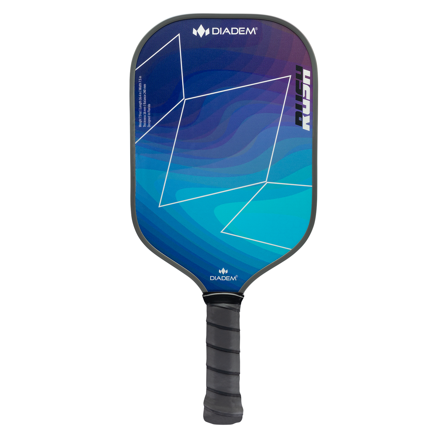 A blue Diadem Sports Rush pickleball paddle with a black handle, featuring geometric lines and aqua gradients. "RUSH" appears vertically with the Diadem logo at both ends. USAPA approved for style and performance.