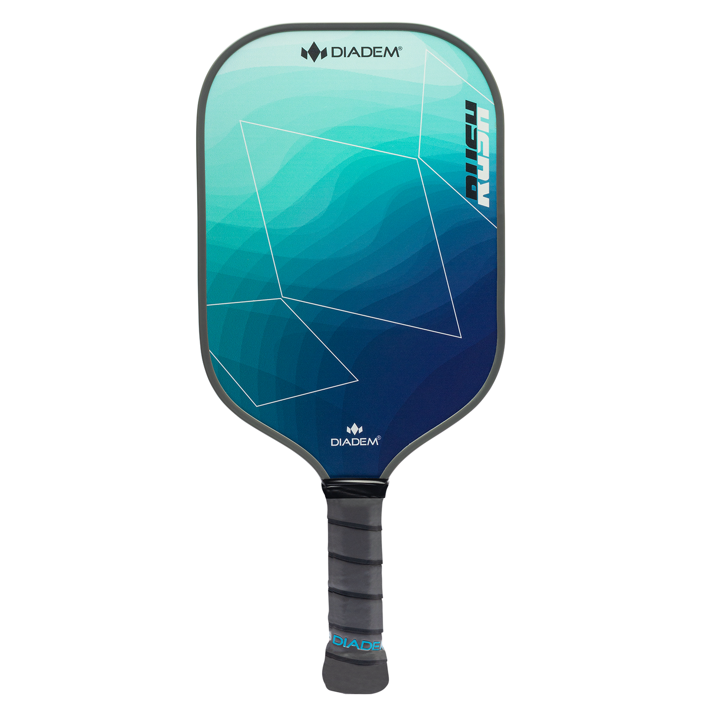 The Diadem Sports Rush Pickleball Paddle features a black grip, blue-green geometric face, and white background. USAPA approved, with "Diadem" at the top and "Rush" on the side for standout style.