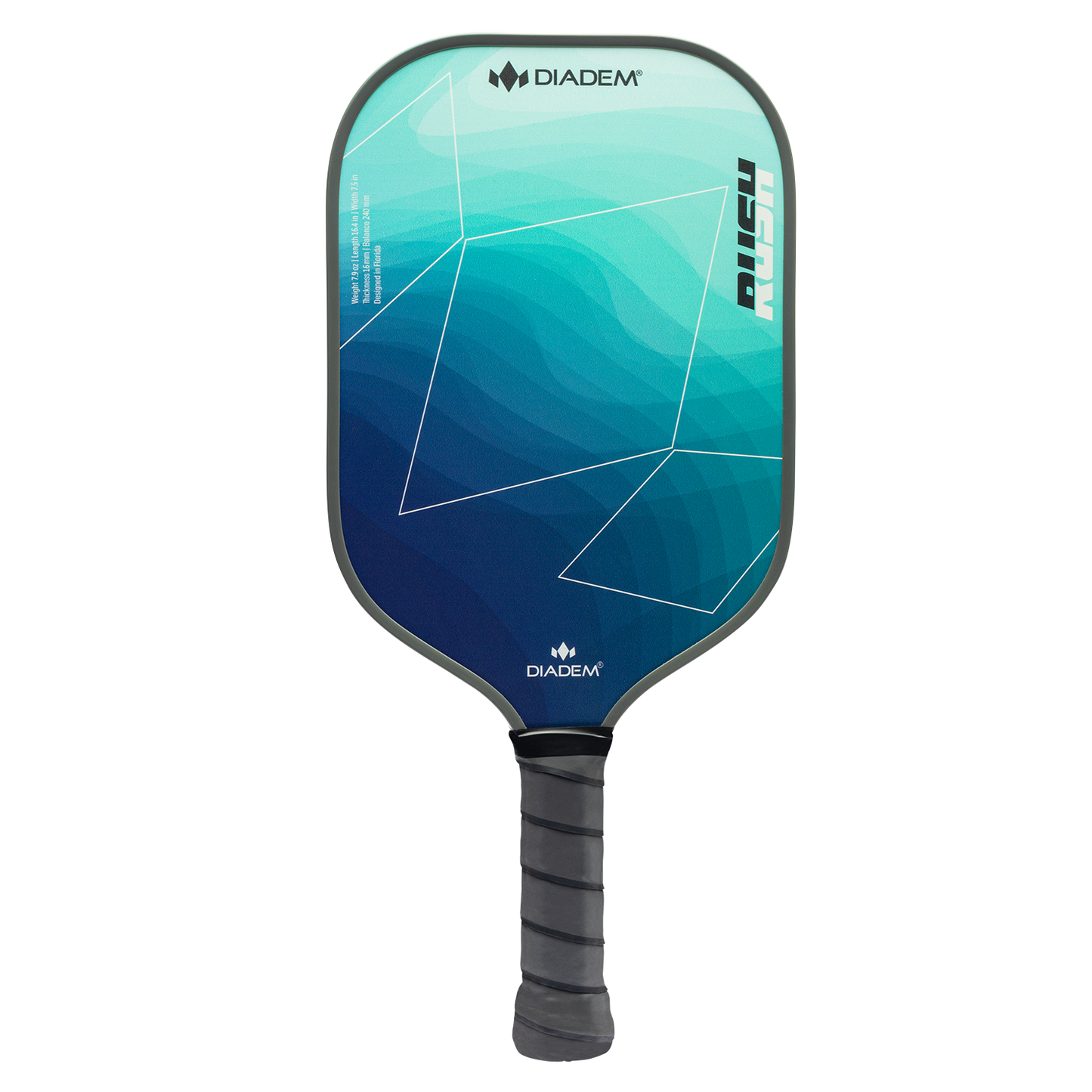 The Diadem Sports Rush Pickleball Paddle features a blue and teal geometric design, USAPA approved for official play. It has a rounded rectangular shape with black grip tape, labeled DIADEM on top and RUSH on the side.