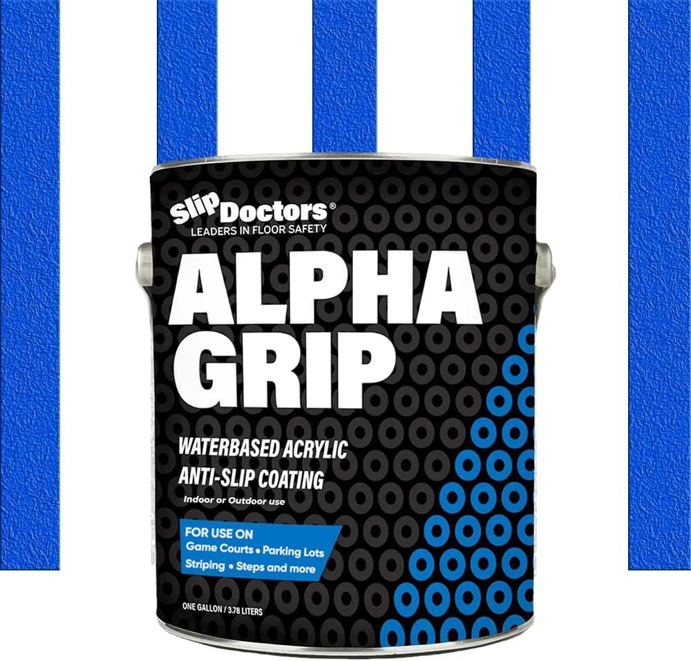 A black can of SlipDoctors Alpha Grip Non-Slip Stripe and Athletic Court Paint stands before a white background with five blue textured stripes. Perfect for game courts, parking lots, striping, steps, and more.