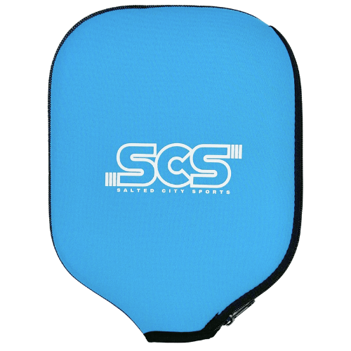The Salted City Sports Pickleball Paddle Cover is a blue, paddle-shaped zippered case with a black edge and white logo, designed to protect your paddle.