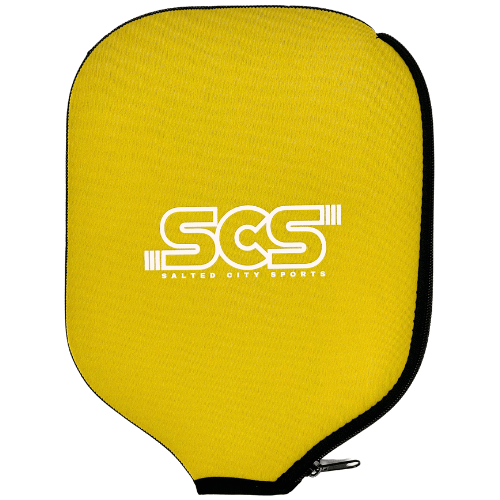 The Salted City Sports Pickleball Paddle Cover offers top protection with yellow neoprene, a right-edge black zipper, and the white SCS logo plus “Salted City Sports”—ideal for anyone seeking a custom pickleball paddle cover.