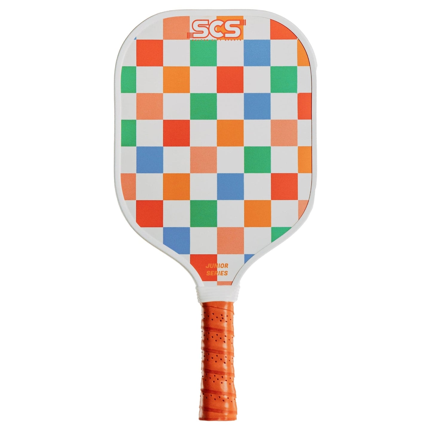 The Salted City Sports Junior Series Kids Pickleball Paddle features a lightweight, durable design with an orange handle and a colorful checkerboard face. "SCS" is displayed in orange on top, with "Junior Series" printed near the handle.
