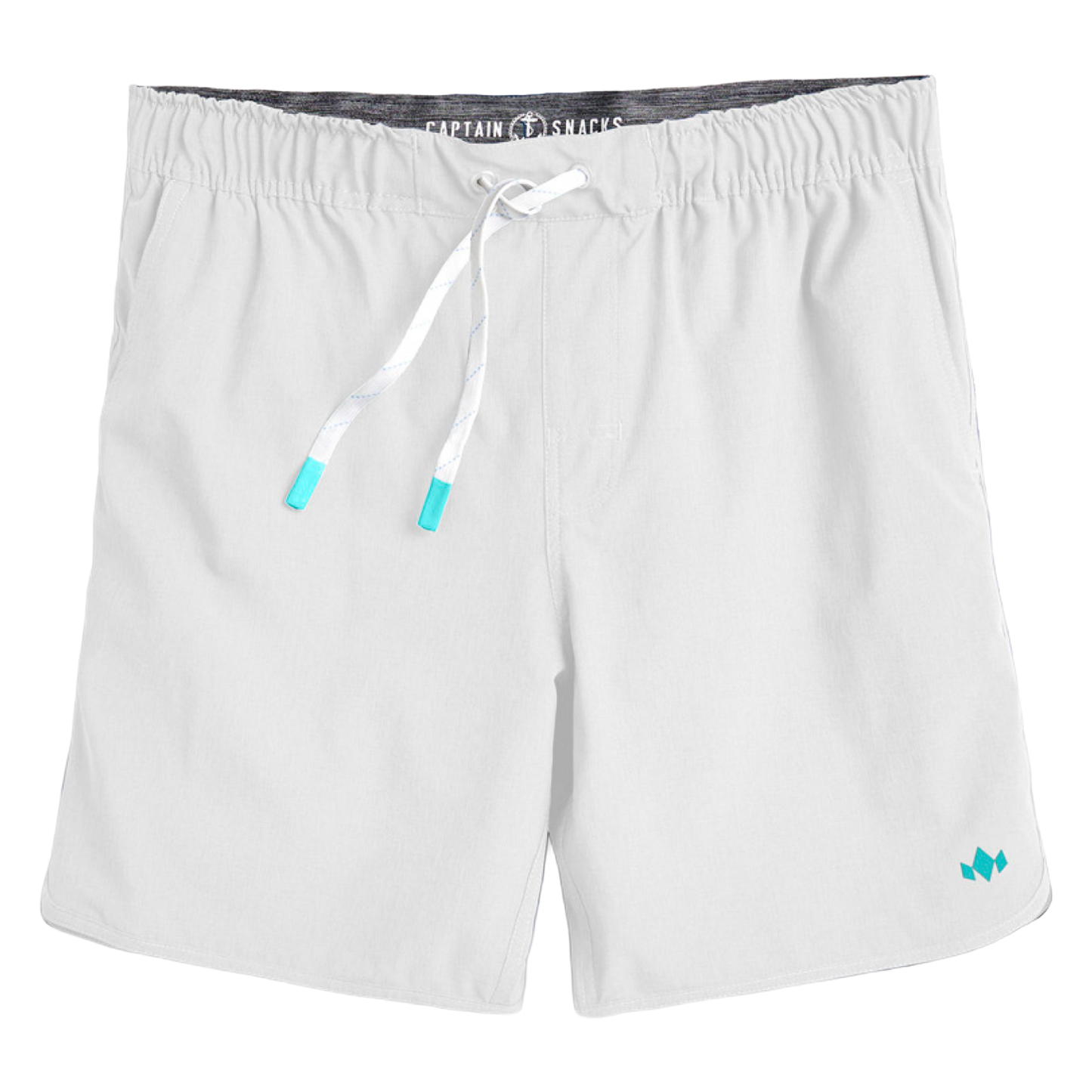 Diadem Sports SCALES Men's Solid Volley Shorts: light gray, 4-way stretch, elastic waistband with white drawstring and aqua blue tips, small aqua logo on left leg, side pockets, moisture wicking, and “Captain Fin Snacks” print inside waistband.