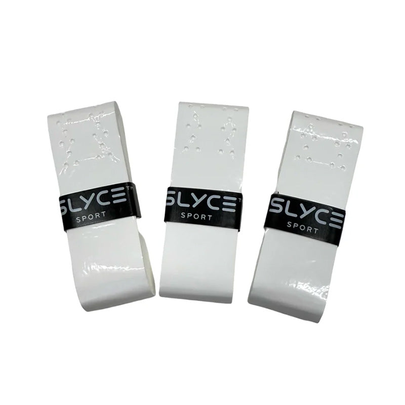 Three white GRYPs - Perforated Over-Wraps by Slyce Sport for sports equipment are shown rolled up, each secured with a black Slyce Sport band. The over-wraps feature a glossy finish and subtle texture.