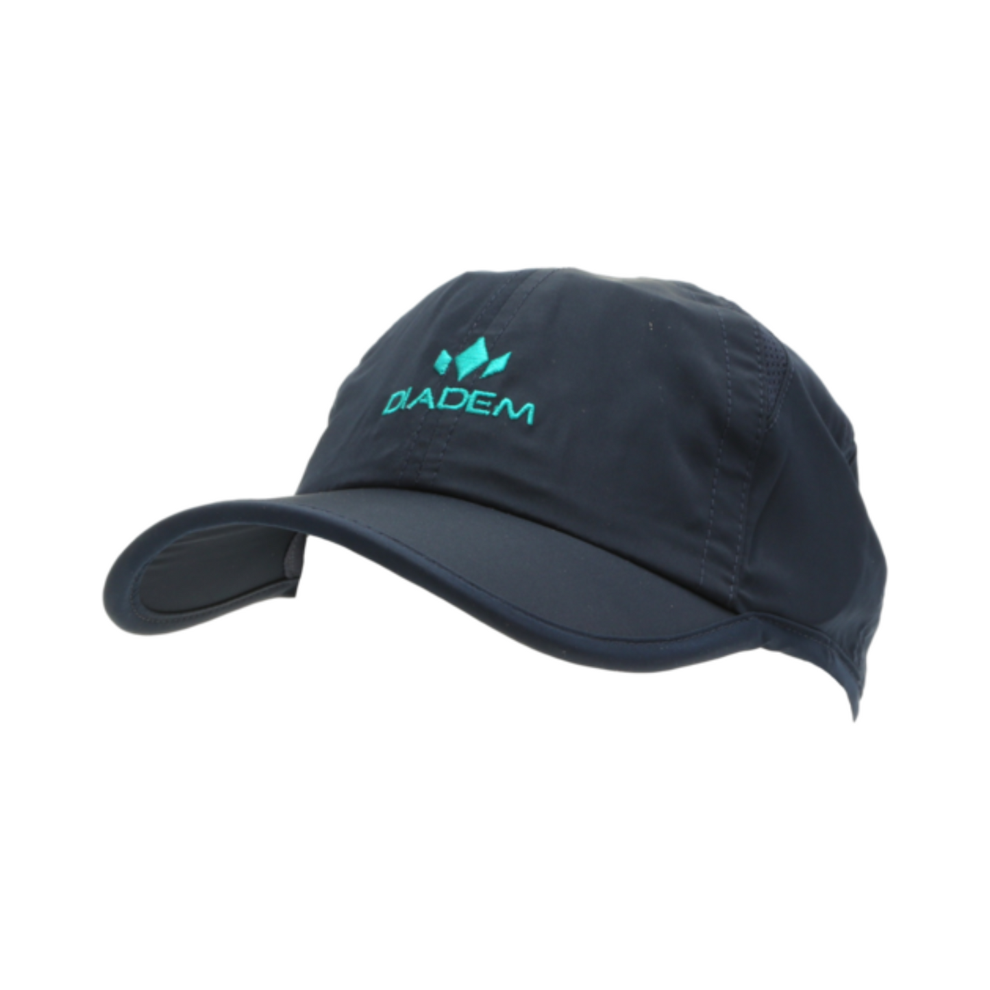 The Diadem Sports Drycore Select Hat is a navy blue lightweight polyester cap with a turquoise logo and emblem embroidered on the front. It features moisture-resistant tech, a curved brim, and visible panel stitching against a plain white background.