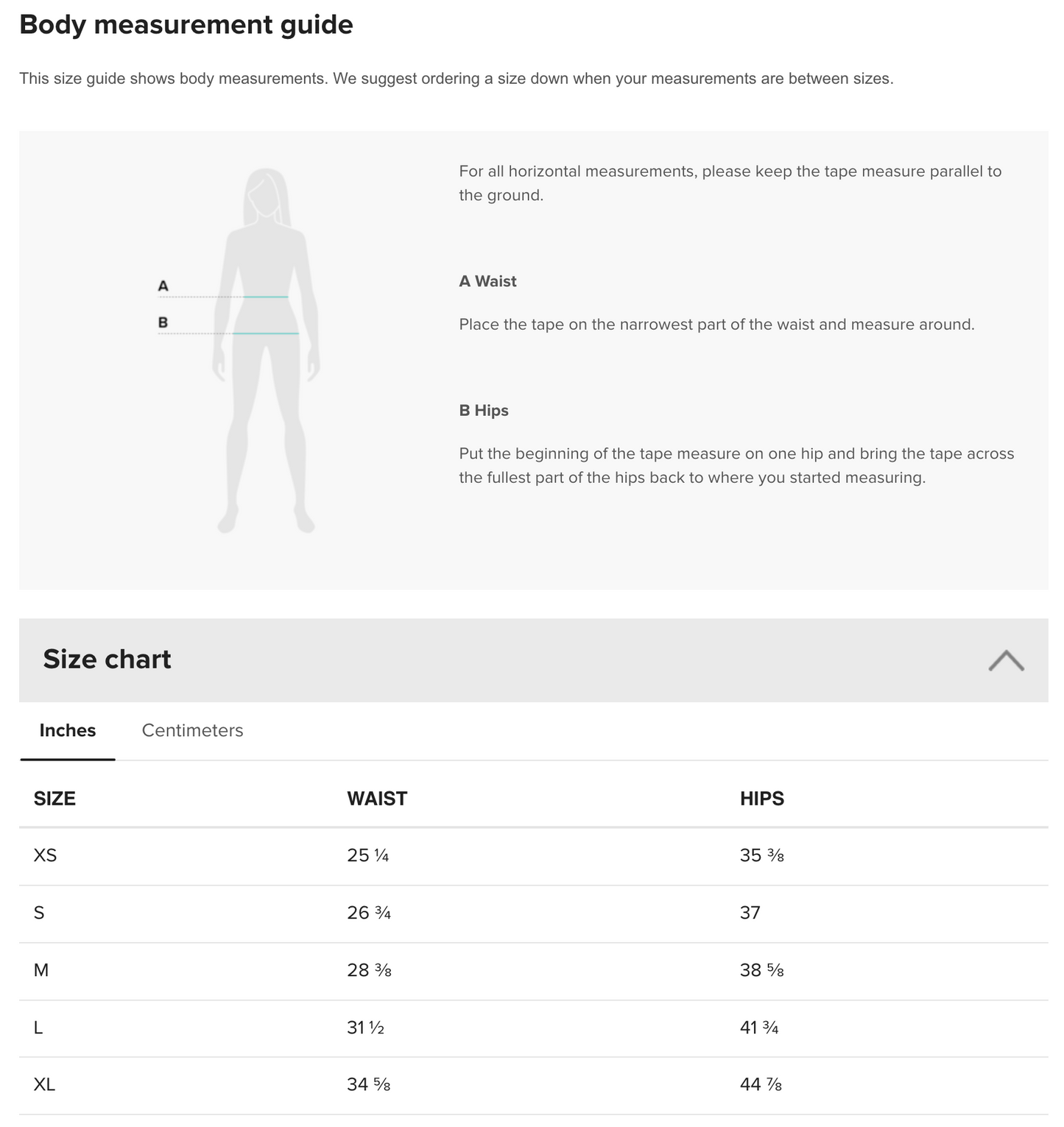 A body measurement guide for Crown Pickleball’s High-performance Leggings (Sky) marks waist (A) and hips (B); below, a size chart from XS to XL shows waist at 25–34% and hips at 35–44% for the ideal fit.