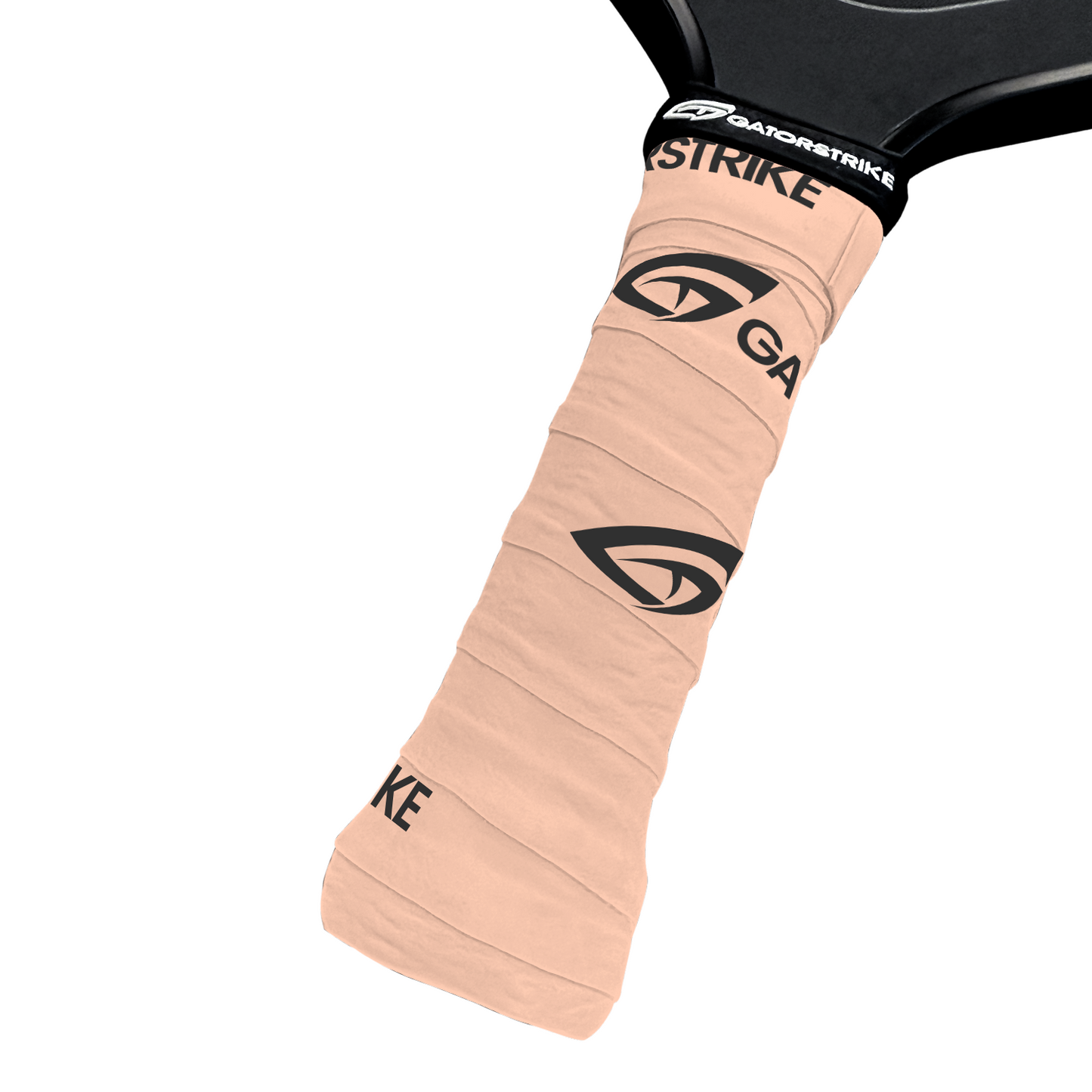 Close-up of a GATORSTRIKE™ Tacky Over Grip in light beige, with black GATORSTRIKE branding. The textured grip covers the entire paddle handle for a secure hold, while only part of the paddle face shows at the top right. 3-pack by GATORSTRIKE.