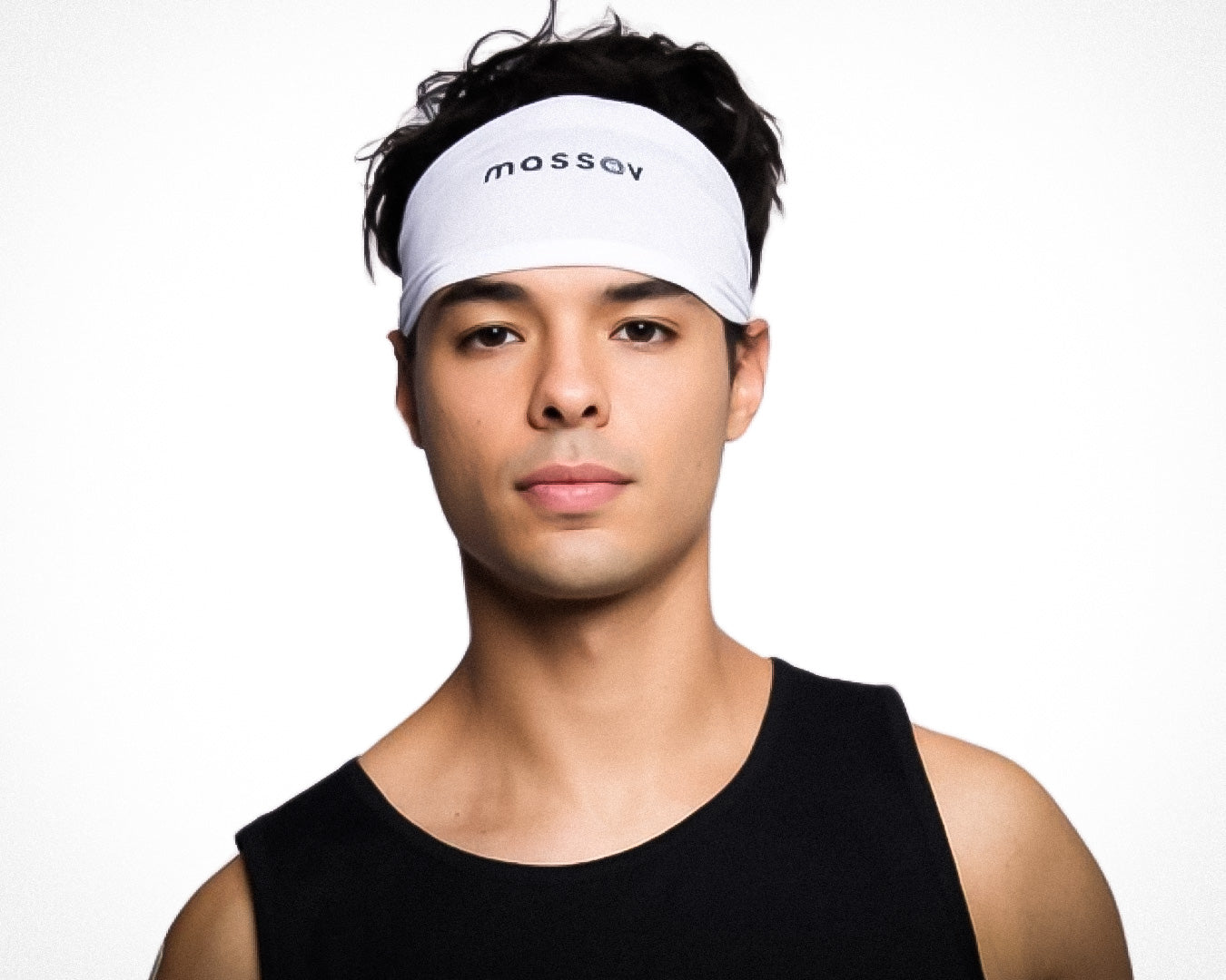 A young man with short dark hair wears a white Massov Skull Wrap headband and a sleeveless black shirt. He faces forward with a neutral expression against a plain white background.
