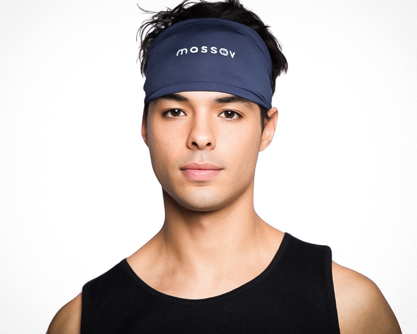 A young person with short dark hair wears a navy Massov Skull Wrap featuring white lettering. They have a neutral expression, dressed in a black sleeveless top against a plain white background.