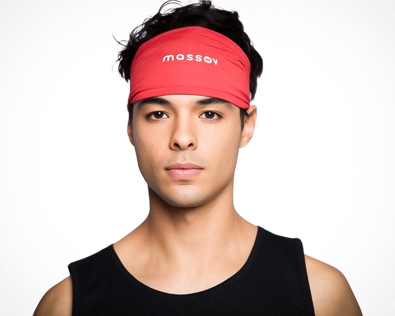 A young person with short, dark hair wears a red Massov Skull Wrap and a black sleeveless top. Against a plain white background, they look directly at the camera with a neutral expression.