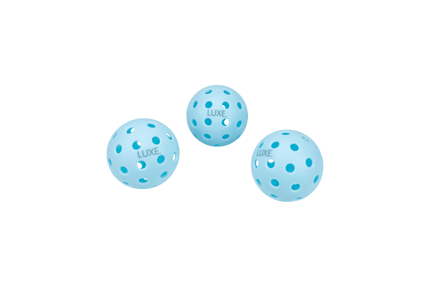 A pack of three light blue LUXE Pickleball Sky Pickleballs, each with 40 holes and “LUXE.” branding, shown on a plain white background. Perfect for outdoor pickleball or wiffle ball games.